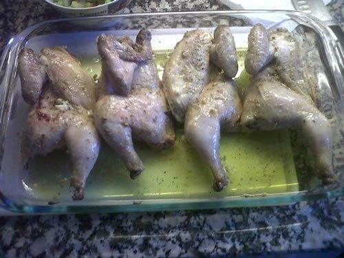 Picantones al horno con salsa de verduras