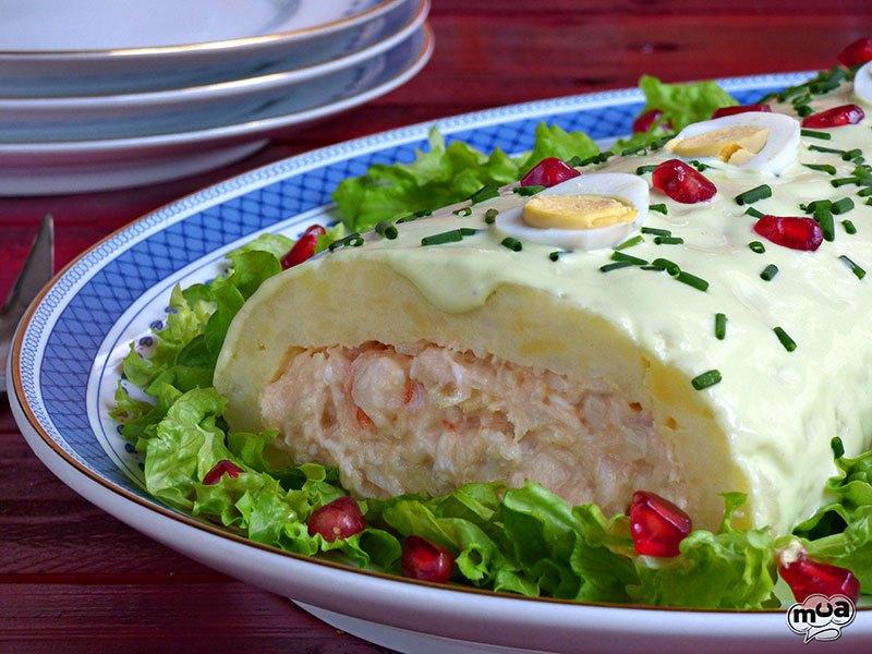 Brazo de patata con rape y merluza