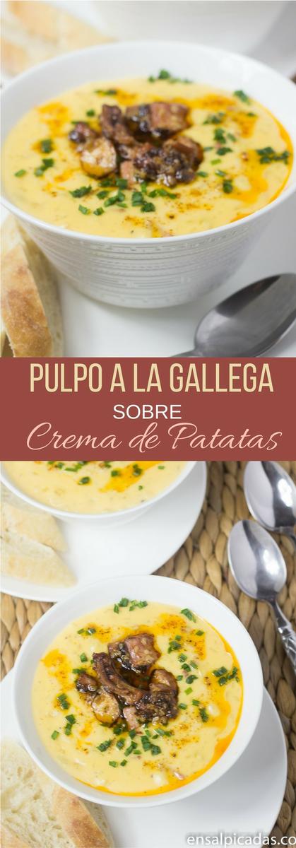 Receta de Pulpo a la Gallega sobre Crema de Patatas (papas) con chorizo.