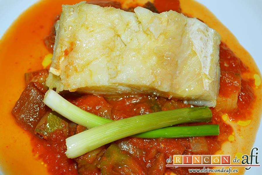Pisto con bacalao y ajos tiernos, sugerencia de presentación