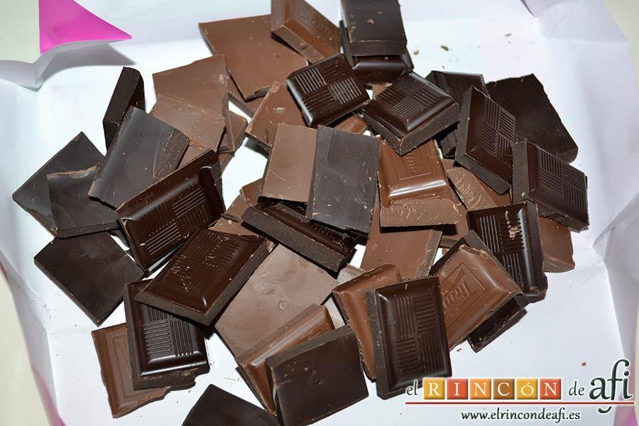 Flan de chocolate, trocear los chocolates