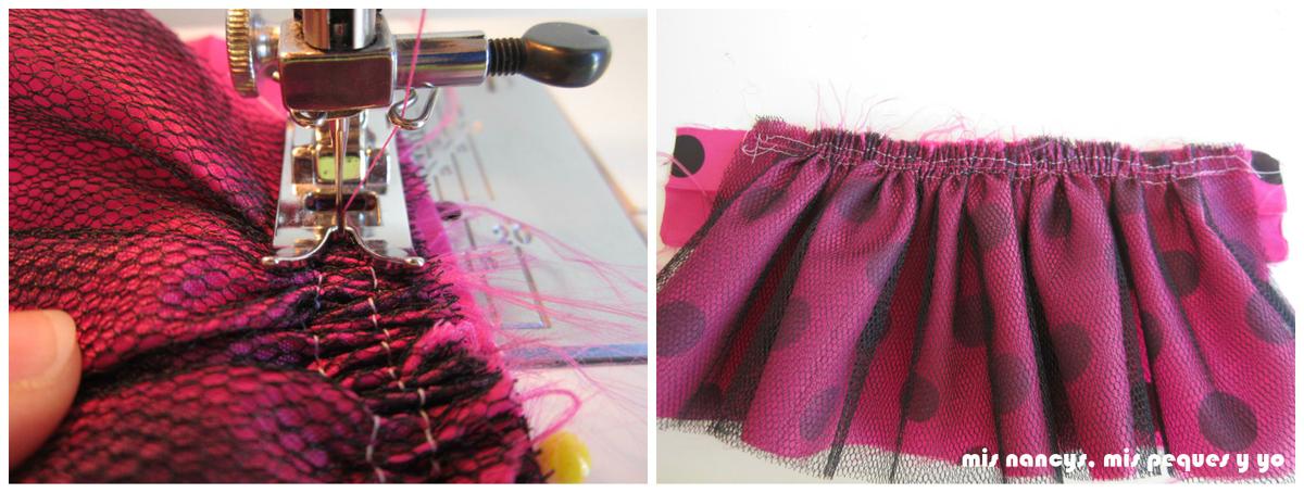 mis nancys, mis peques y yo, Tutorial falda fruncida con tul para Nancy y niñas, pasar pespunte por el centro