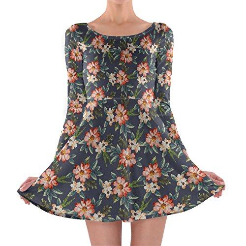 Hawaiano-flores-oscuro-manga-larga-vestido-skater