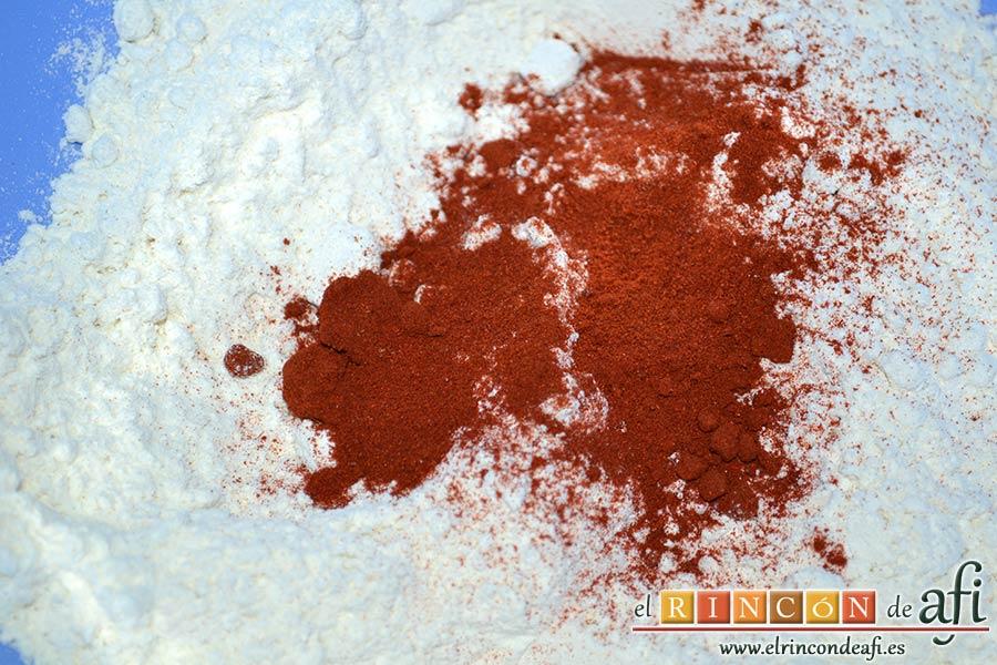 Bacalao rebozado con pimentón, añadir el pimentón