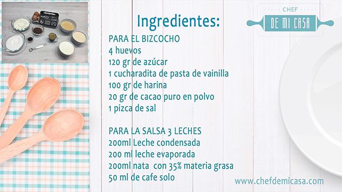 Ingredientes para Pastel Tres leches de Chocolate