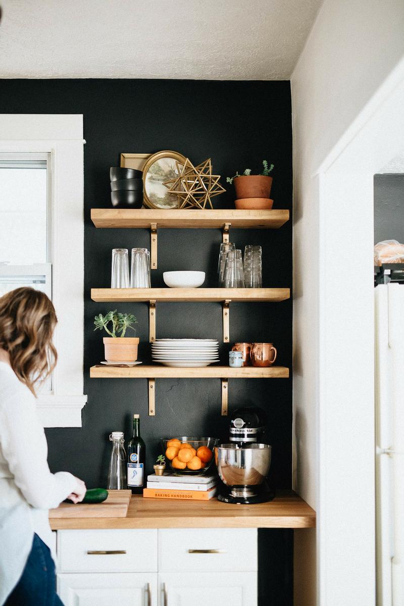DIY Black and White Kitchen with Butcher Block and Open Shelves