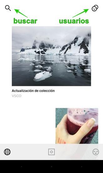 Pantalla de inicio en vsco cam app para smartphone