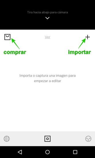 Pantalla de cámara de vsco para hacer o importar fotografías