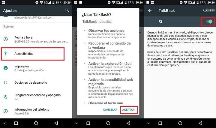 Cómo activar mensajes de voz para ciegos en Android de lo que se muestra en pantalla para invidentes o personas con problemas de visión describe lo que se ve en pantalla control de navegación personalizado
