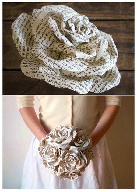 ramo de novia DIY con rosas de papel reciclado, muy bonito y original