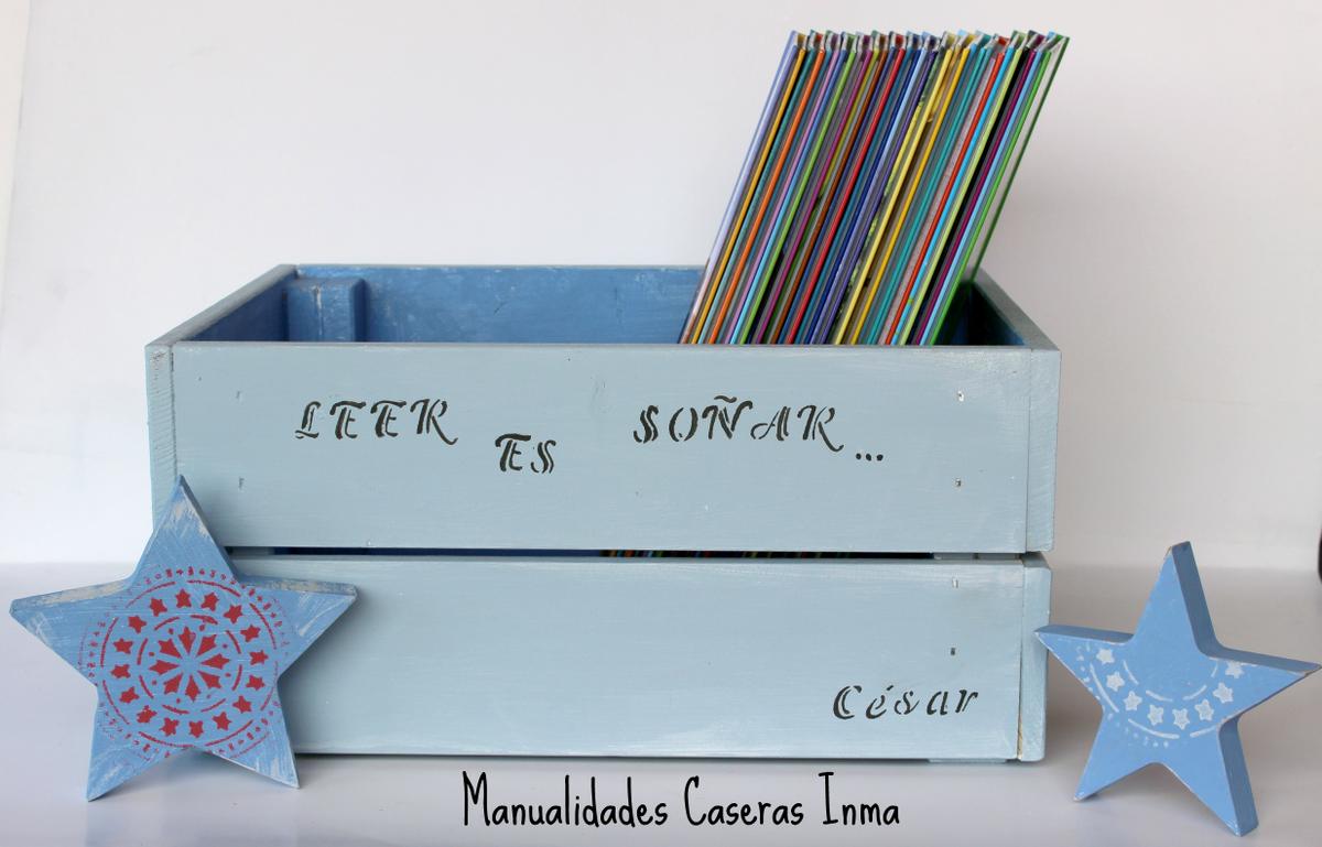 Manualidades Caseras Inma _Caja de madera para cuentos pintada con chalk paint y decorado con stencils