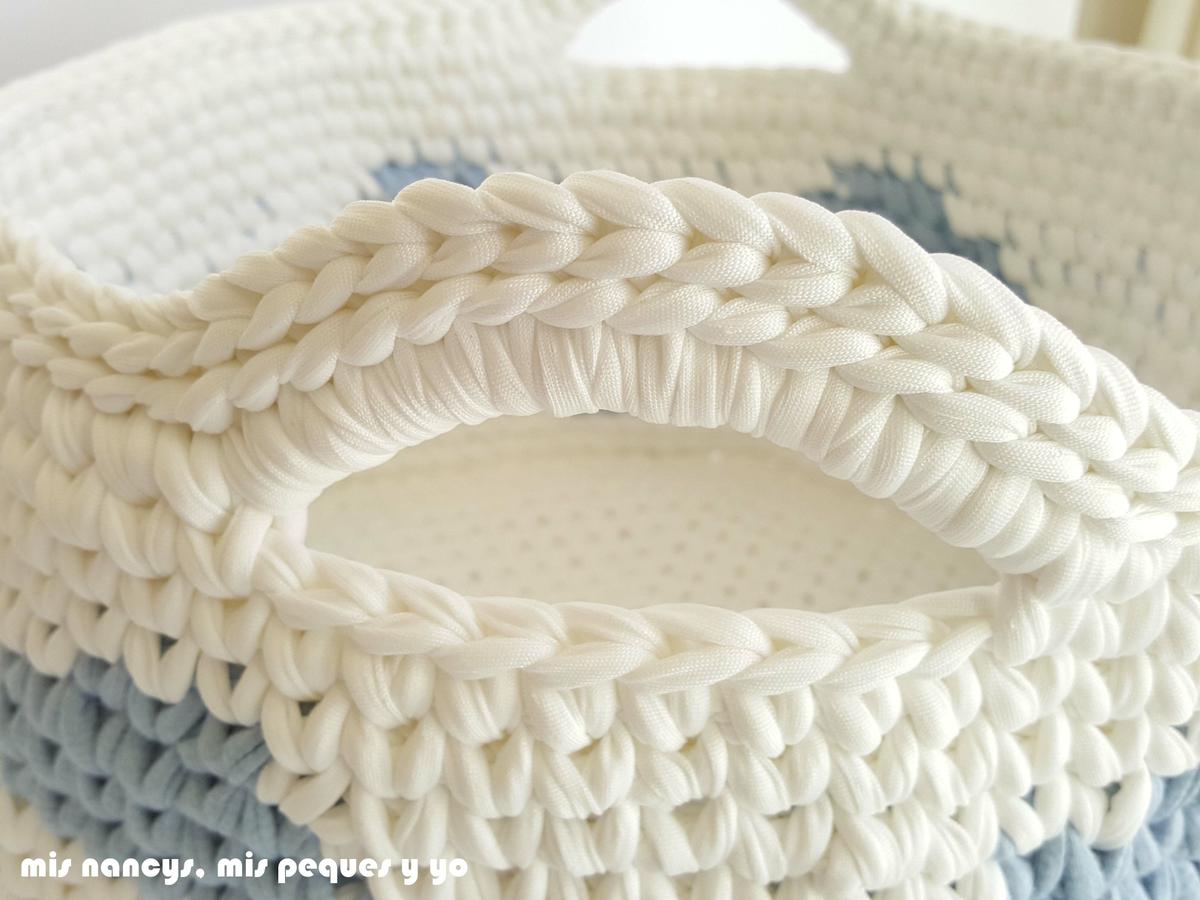 mis nancys, mis peques y yo, cesta y capazo de trapillo con nubes, detalle asa del capazo