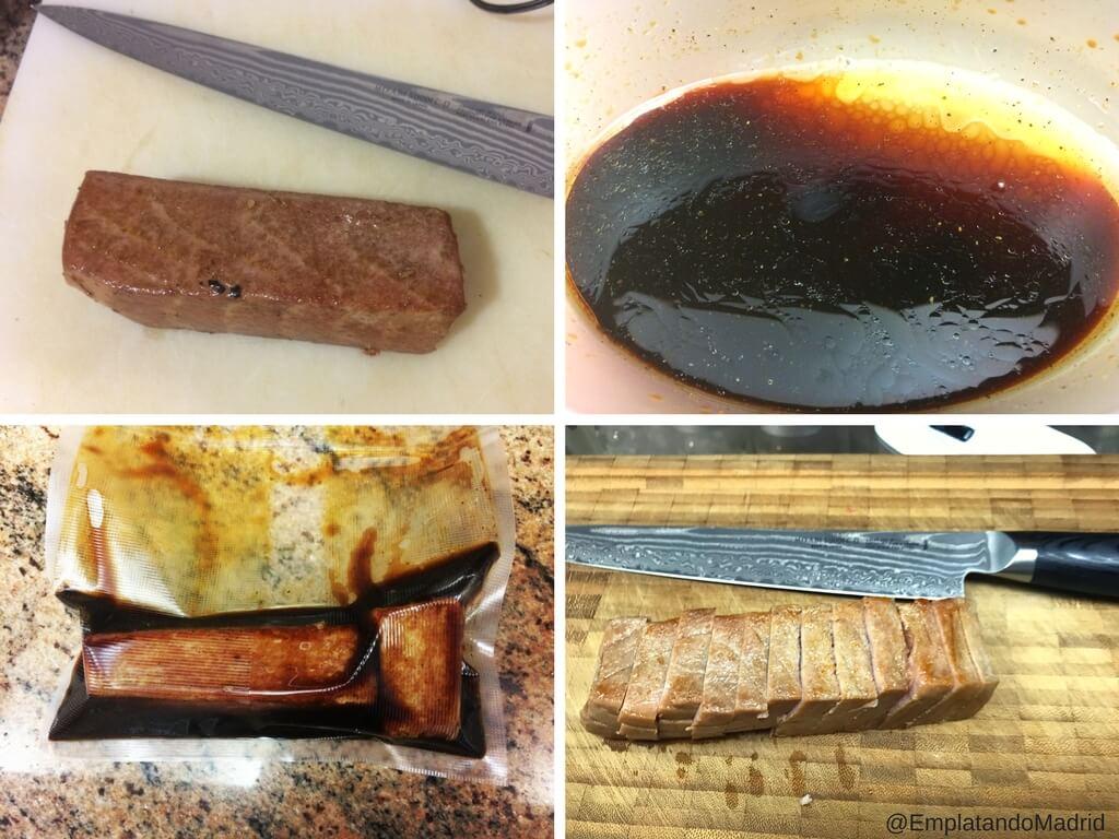 Marinamos el tataki de atún rojo y lo cortamos