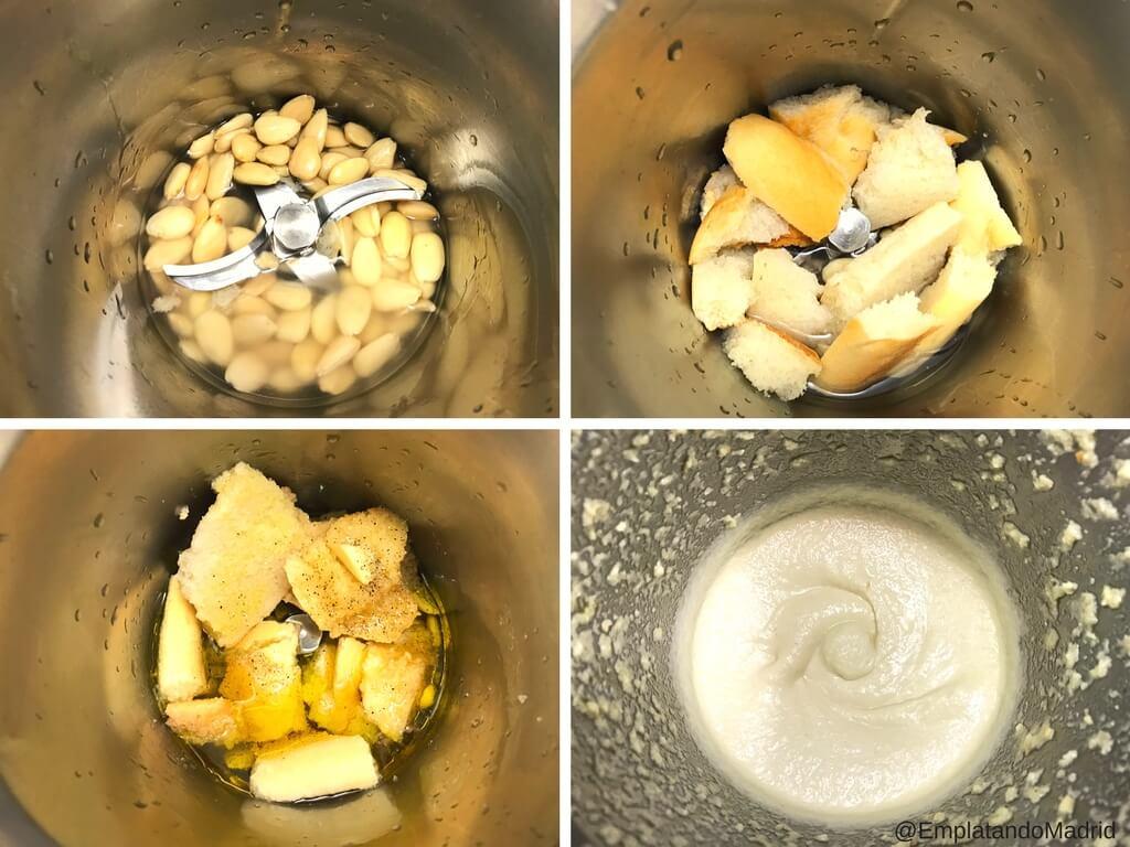 Ponemos las almendras, el pan, el aceite, ajo y agua en la batidora para el ajoblanco