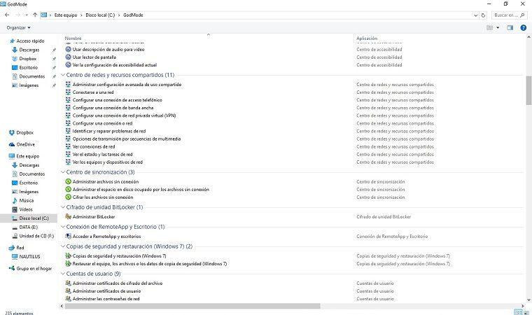 El GodMode de Windows 10 es un poderoso panel administrador