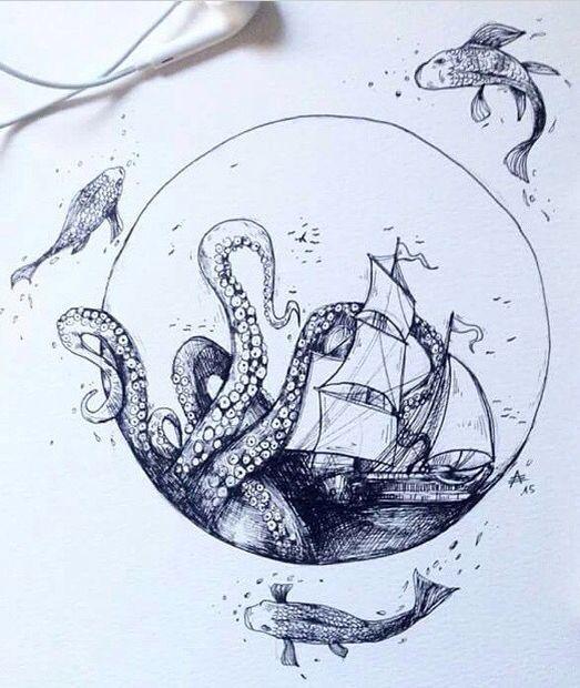 diseño tattoo barco con pulpo
