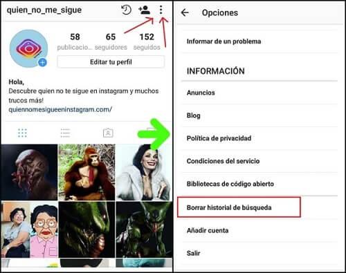 borrar historial de instagram
