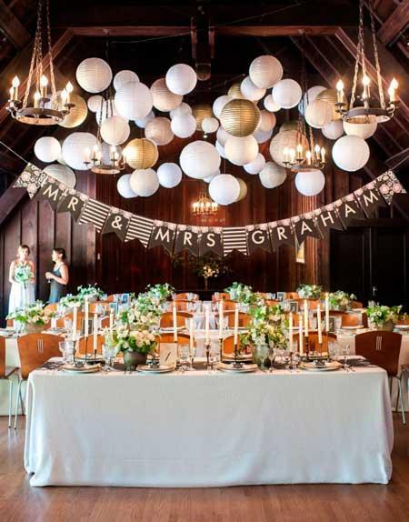 idea de decoración para una boda con pantallas de globo de papel y banderines de saco o yute
