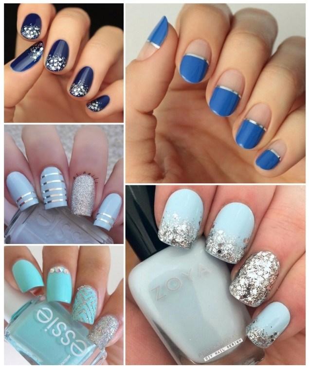 uñas decoradas en azul y plata