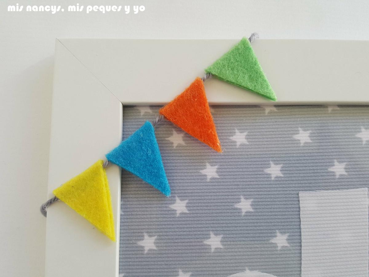 mis nancys, mis peques y yo, corona de tela para niños y marco personalizado, marco personalizado con inicial de tela, detalle banderines