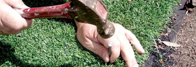 Uno de los pasos en el ¿Cómo instalar césped artificial? consiste en fijar la pieza del césped con clavos partiendo desde una esquina de la pieza y luego seguir a lo largo del borde.