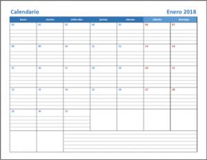 Calendario 2018 Excel mes a mes con anotaciones