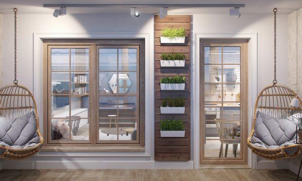 terraza con asientos colgantes