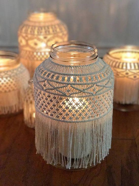 Velas de Macramé para boda. Ideas de boda Bohochic
