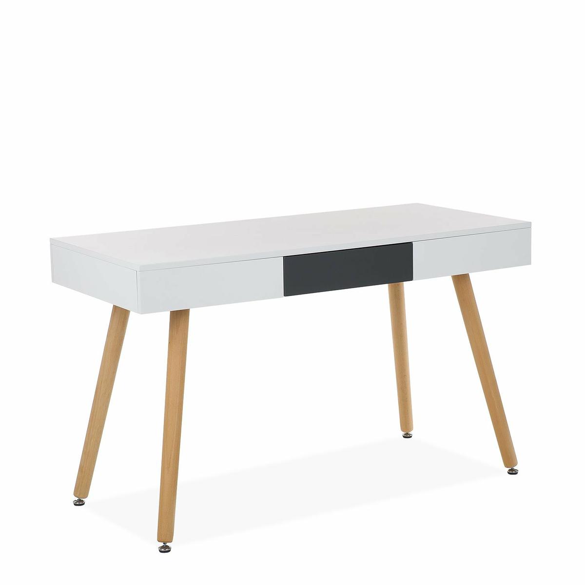 Escritorio blanco con patas de madera y cajón central azul