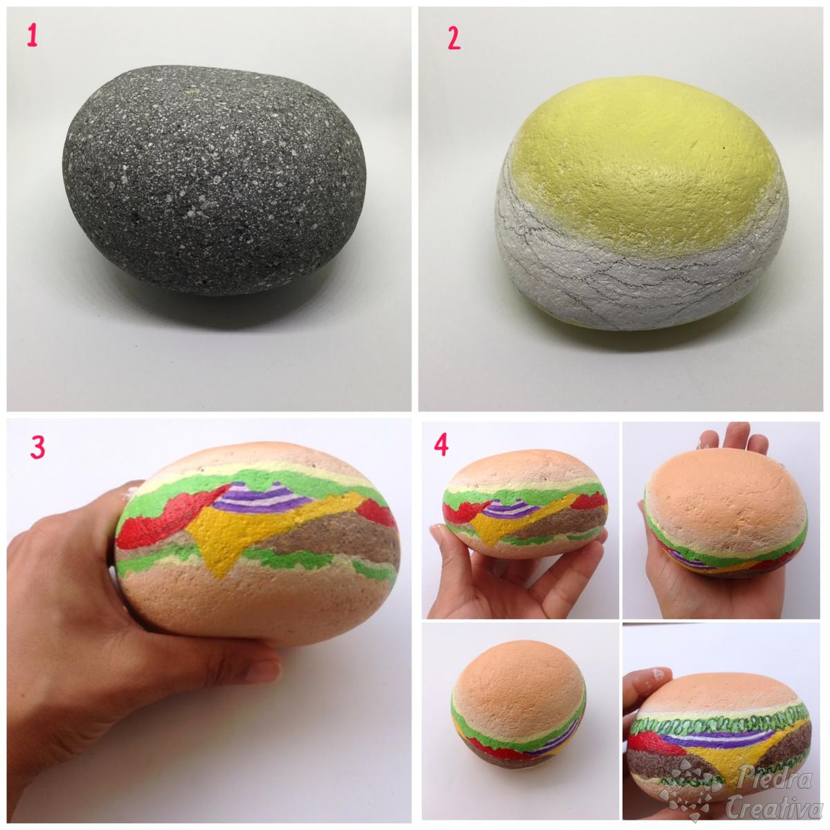 DIY paso a paso de hamburguesa en piedra pintada