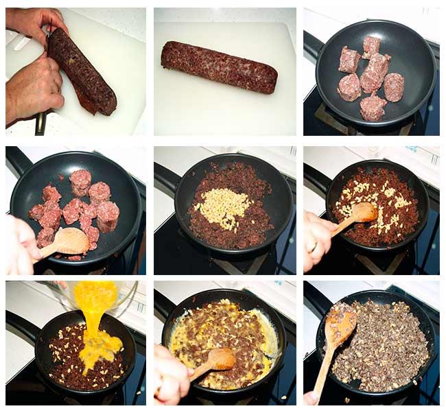 Revuelto de morcilla con piñones