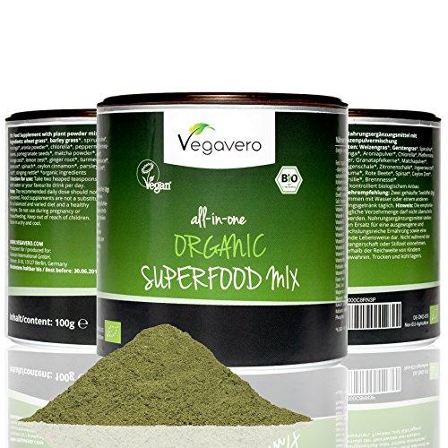 Superfood Mix Vegavero 100g | mezcla de 17 superalimentos orgánicos | Espirulina - Matcha - Moringa - Cúrcuma - Espinacas - Spirulina - Chlorella etc. | 100% vegano | batidos - zumos - comidas | Fabricado en Alemania