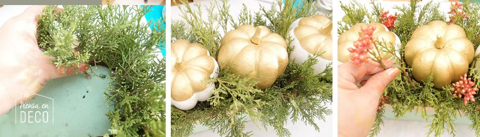 montar centro de mesa con calabazas y bayas