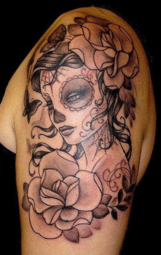 catrinas con flores tatuadas - +60 Tatuajes de catrinas, diseños, significados y su representación