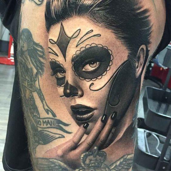 mujer catrina realista tatuada - +60 Tatuajes de catrinas, diseños, significados y su representación