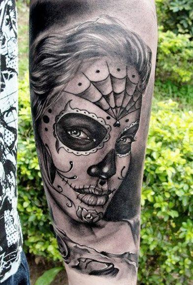catrina en tno gris tattoo - +60 Tatuajes de catrinas, diseños, significados y su representación