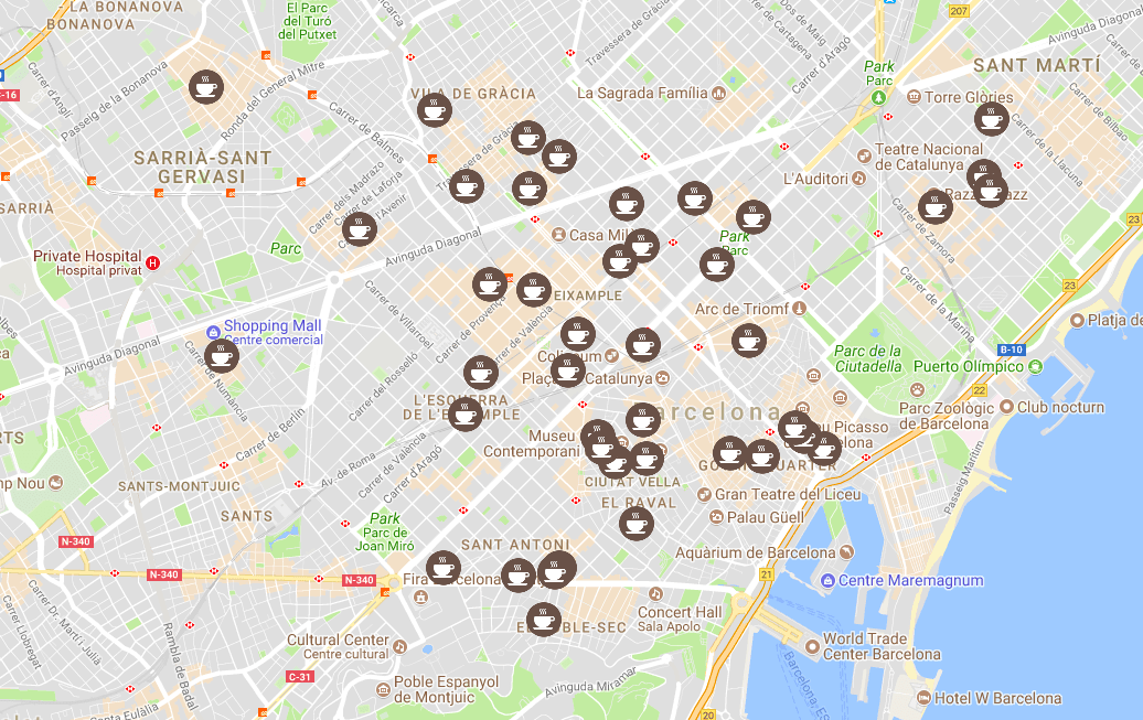 Mapa de las cafeterías con café de especialidad o café de origen en Barcelona