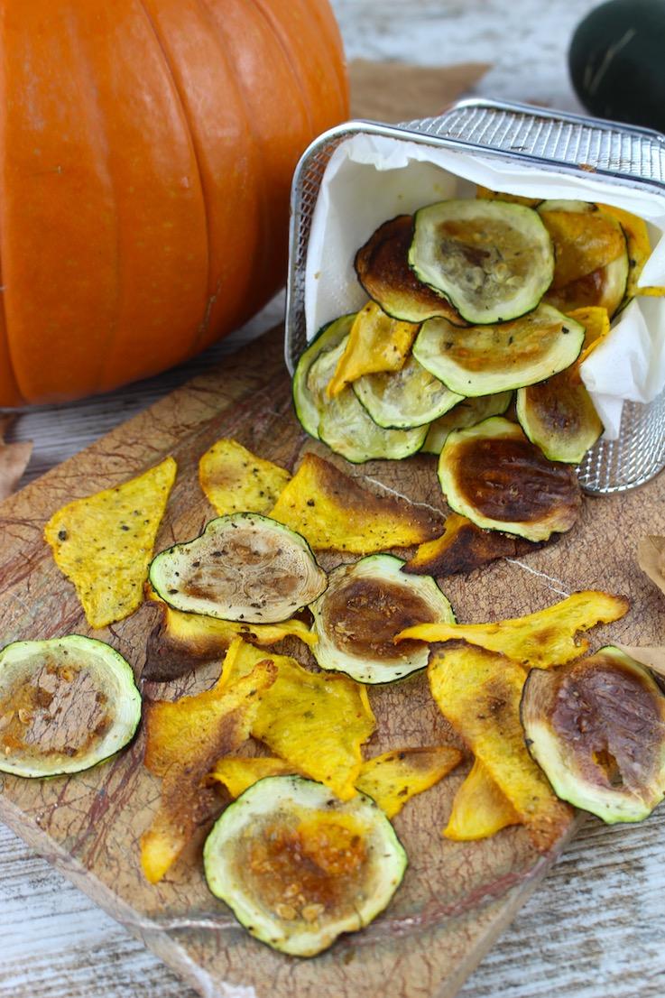 Chips de calabacín y calabaza. Snacks saludables