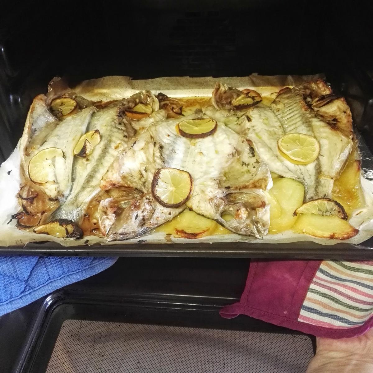 Sacando la dorada del horno