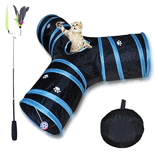 Juguete del Gato,Gato Túnel Juguete 3 way para Conejos Gatitos con Juguete de la Pluma del Gato Interactive Colector(Juguete Interactivo Pluma color al azar)
