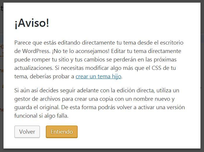 aviso y consejo de wordpress 4.9 al editar tema
