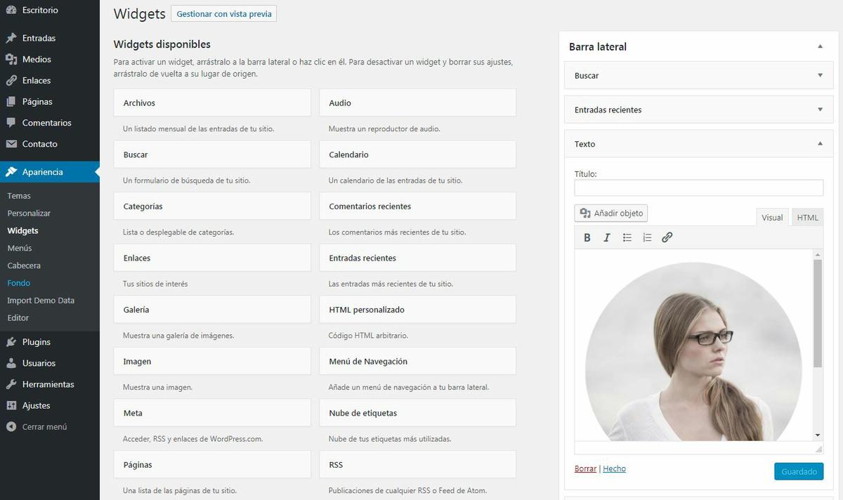 wordpress 4.9 añadir objetos en widgets de texto
