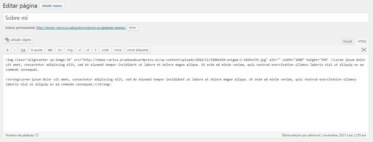 actualización wordpress 4.9 ejemplo de edición código en una página o post
