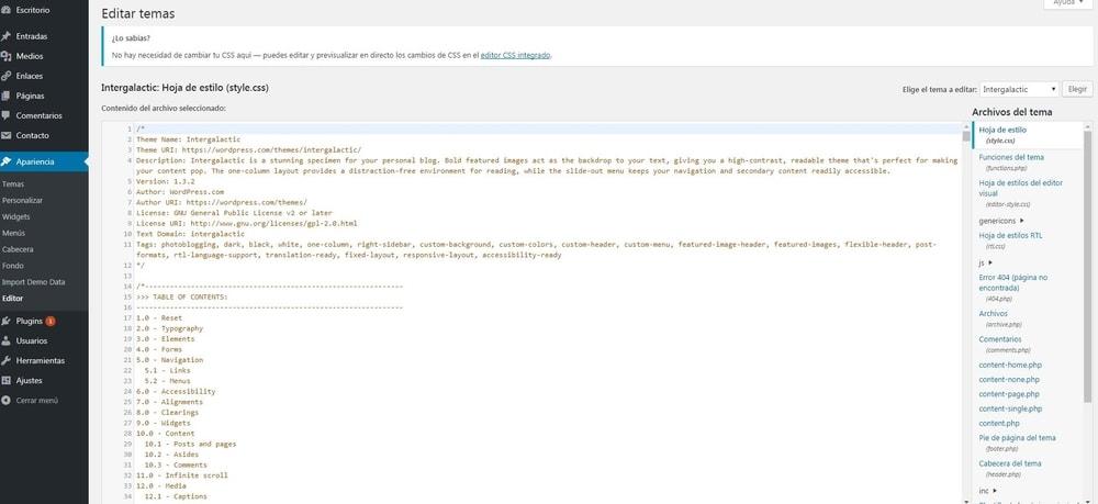 ejemplo de edición código en el editor del tema