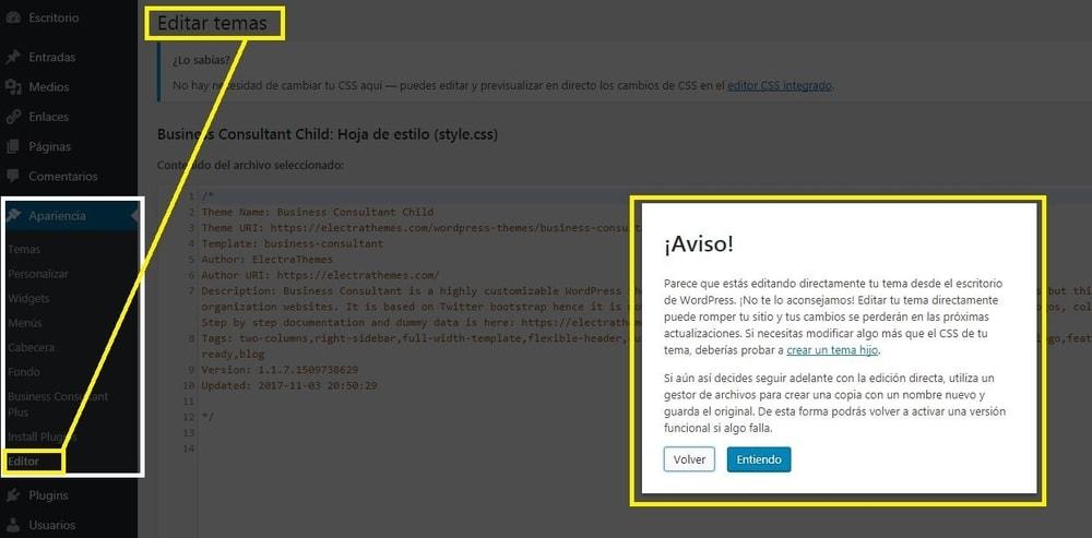 aviso de wordpress 4.9 al editar tema