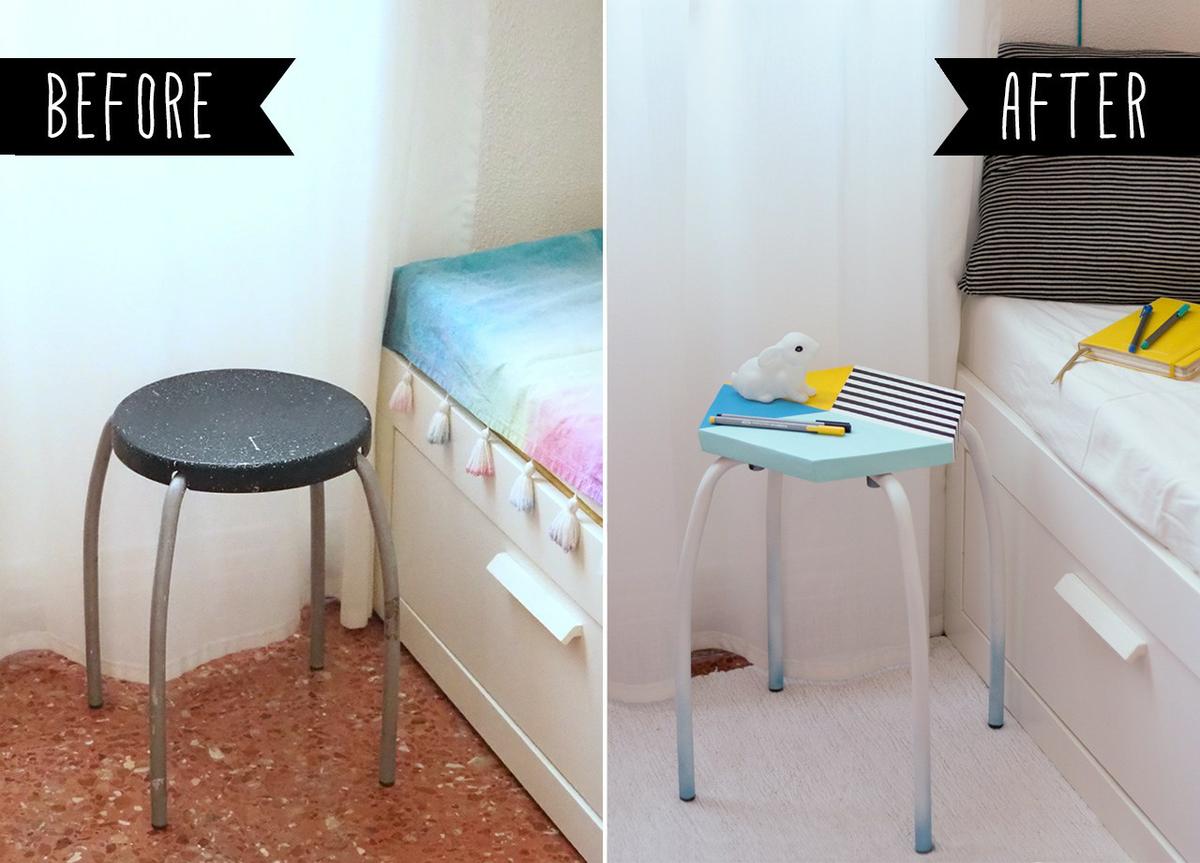 Antes y Después de un taburete renovado, visto en "I am a Mess Blog"