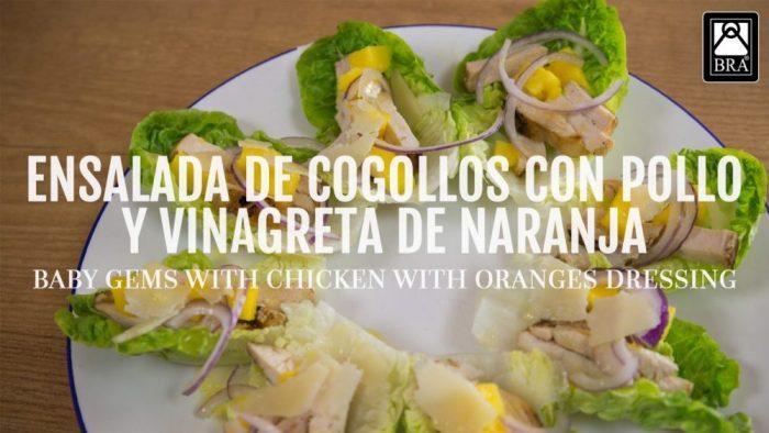 ensalada de cogollos con pollo y vinagreta de naranja