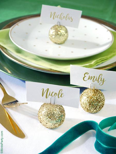 DIY Glitter Baubles Ornament Place-Card Holders - perfect last-minute craft to make for your Christmas Holidays party tables! | BirdsParty.com