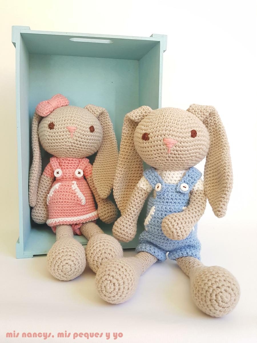 mis nancys, mis peques y yo, pareja de conejitos amigurumis, azul y rosa, con patron de creativa atelier