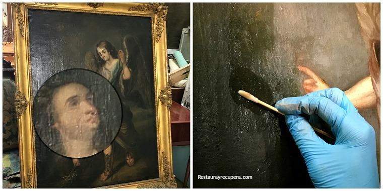 restauracion_marco_dorado_y_lienzo_detalle_limpieza_hisopo_restaurayrecupera